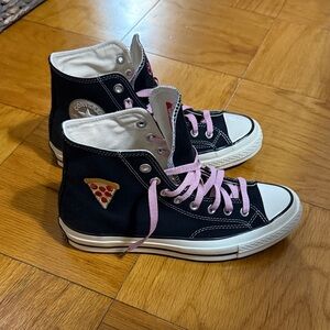 Converse Black High-Tops with Pink Laces and Pizza Patch